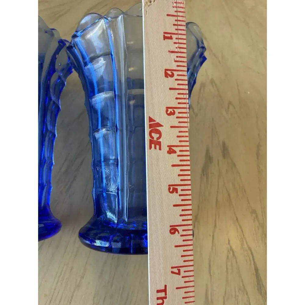 2 Vintage Cobalt Blue Pressed Glass Vases Ruffled Scalloped Edge Mid Century